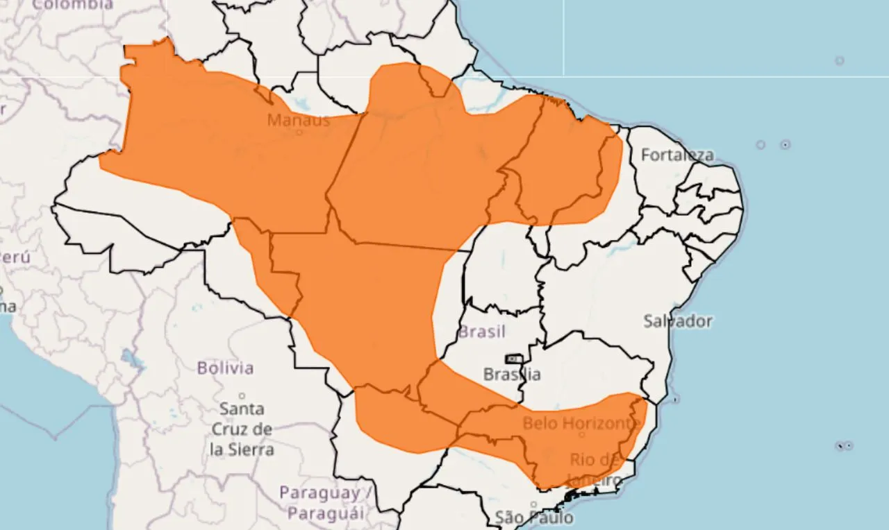O mapa mostra as &aacute;reas em alerta para chuva intensa e ventos